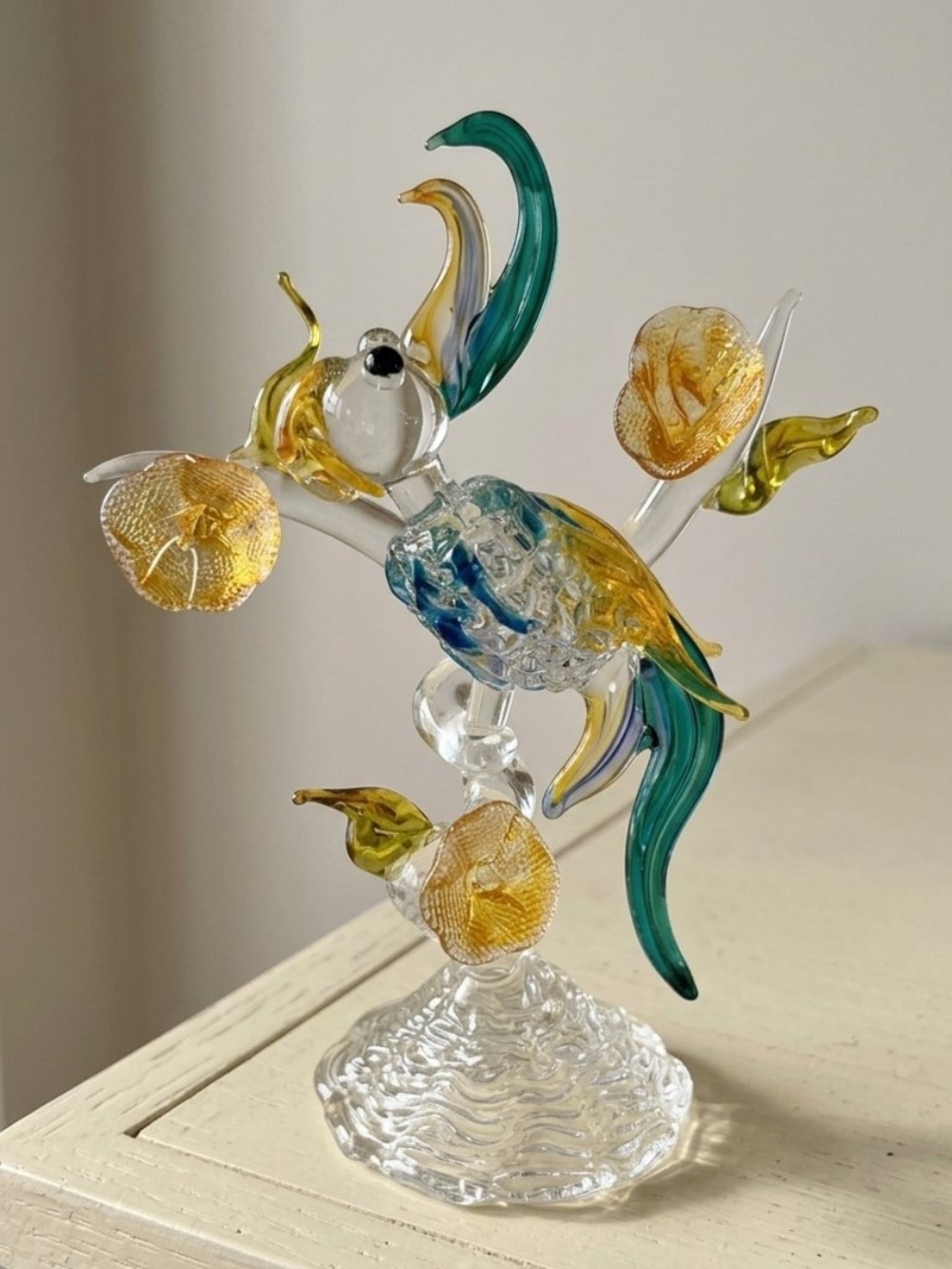 Vintage Murano Style Hand Blown Art Glass Bird on Flower Branch Sculpture Figure